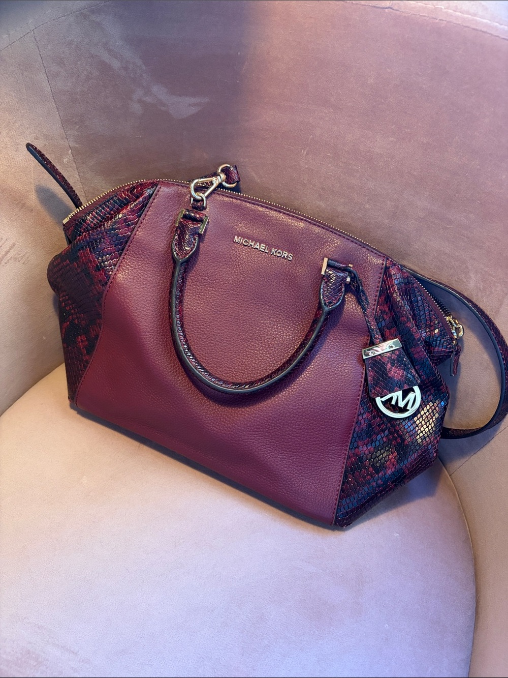 Michael Kors Burgundy Python Embossed Satchel Bag | Excellent Condition